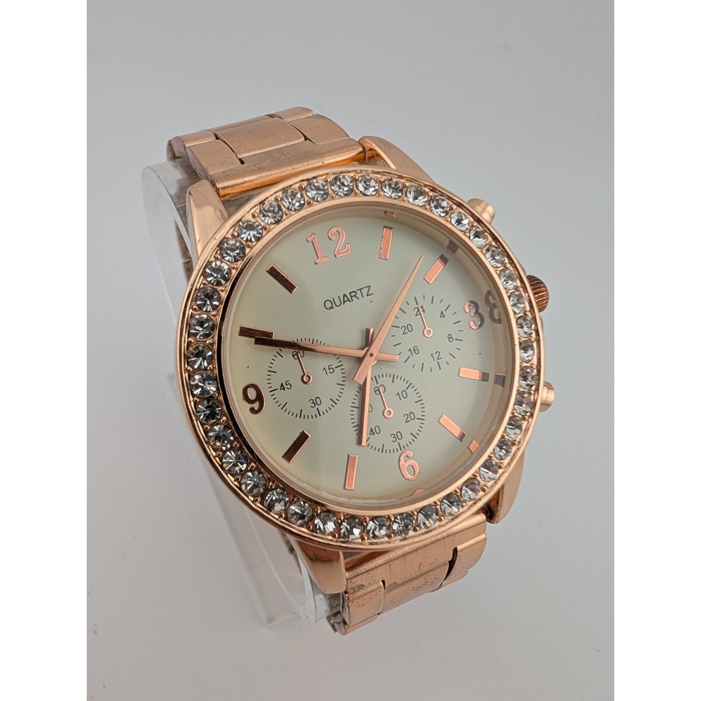 Women's Quartz Watch 39mm Rose Gold Case‎ 7.5" Band Crystal Bezel- New Battery